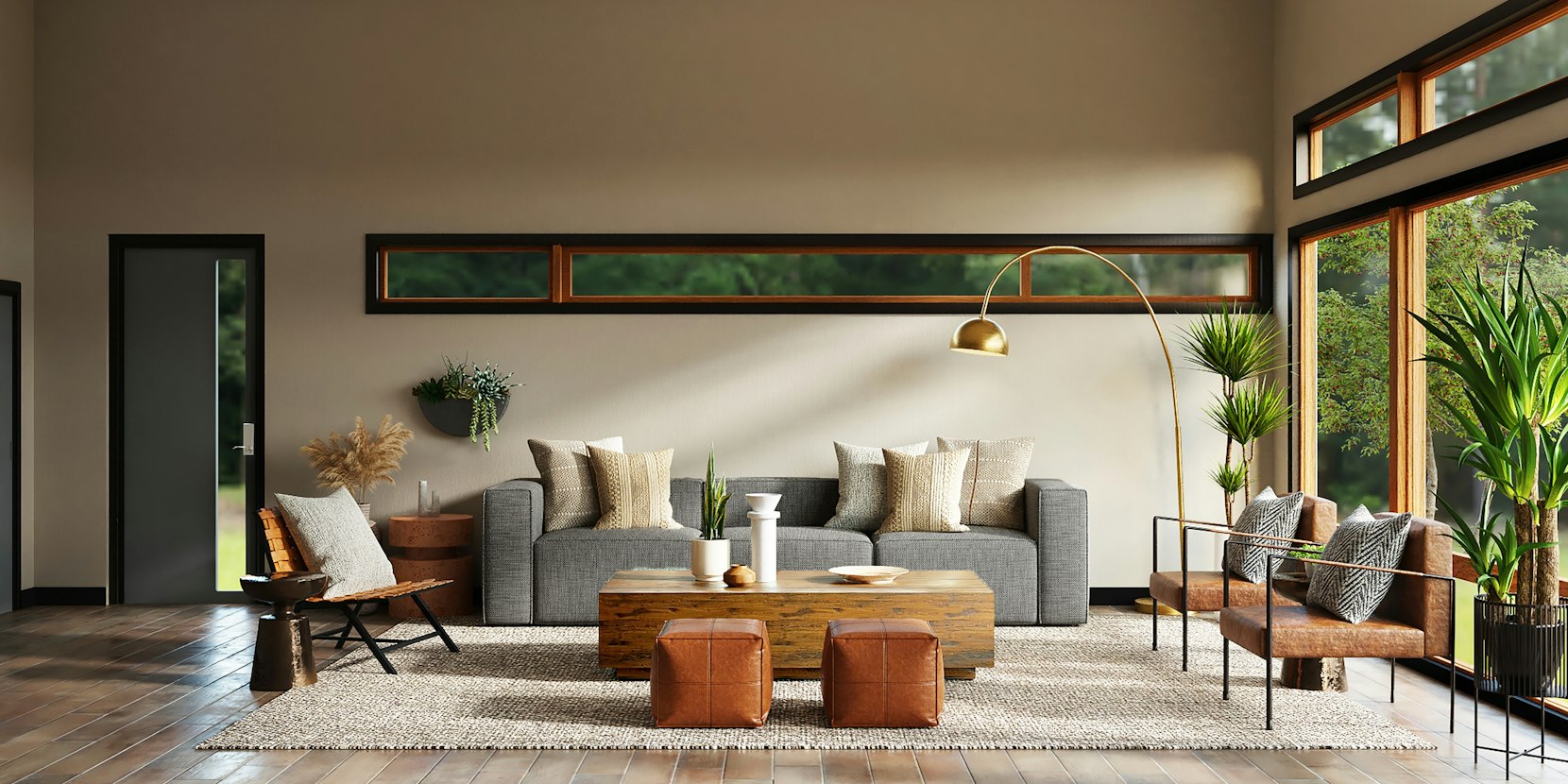 Accent chairs and armchairs arranged around a coffee table