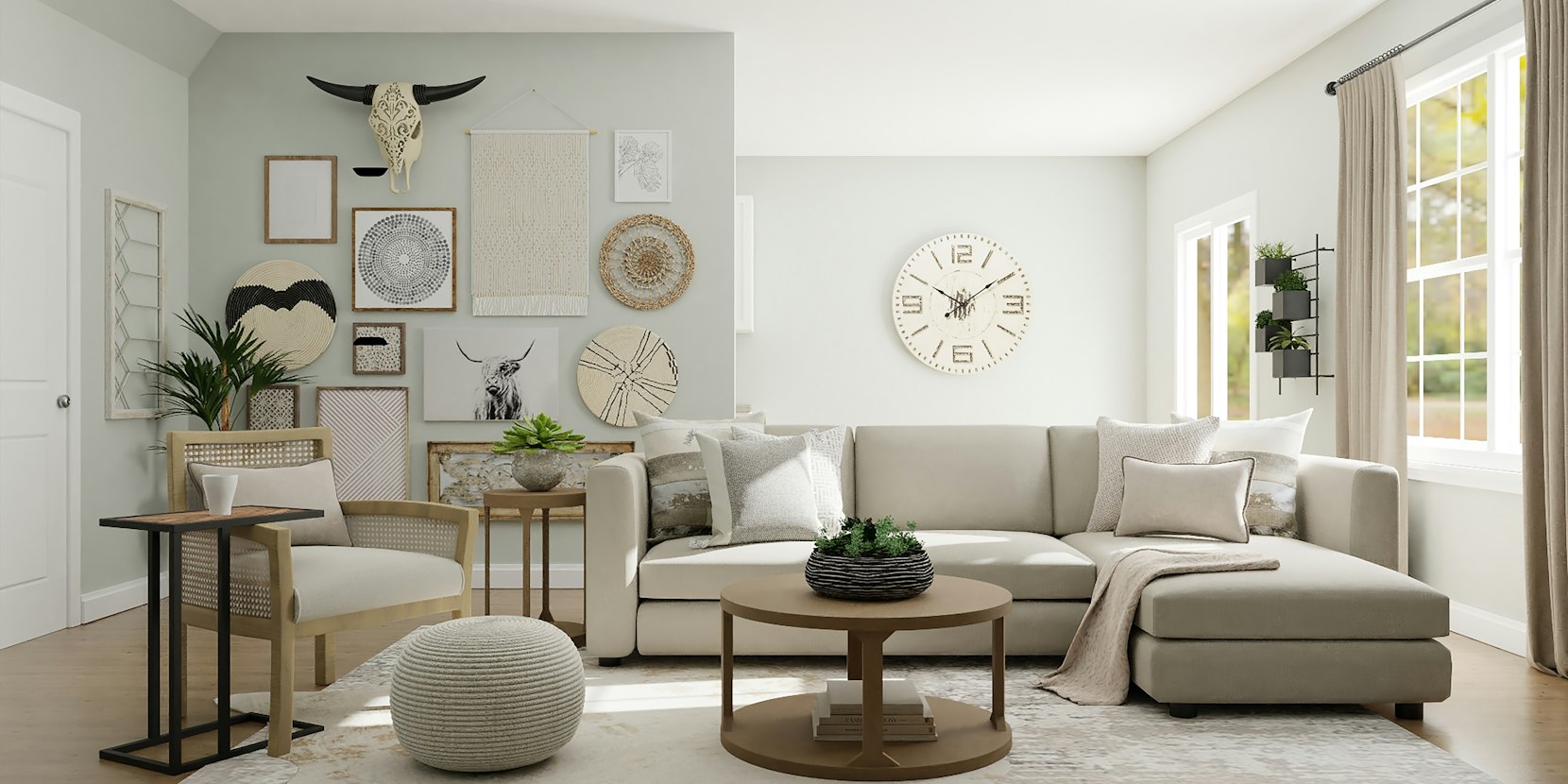 Area rug layered under a living room seating group