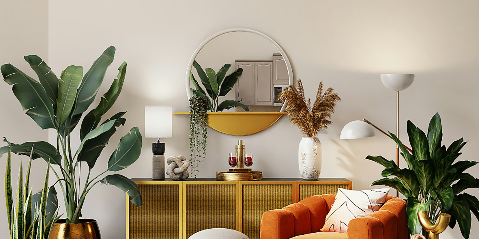 Decorative pillows layered on a linen sofa