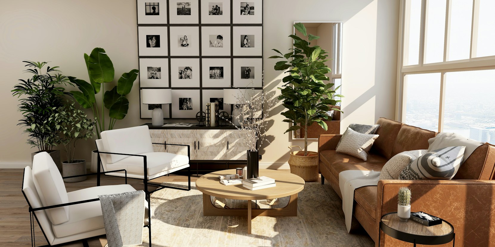 Table lamp glowing on a console in a neutral living room
